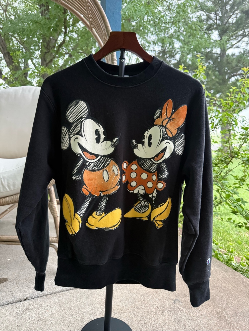 Champion Black Crewneck with Mickey & Minnie Orange and Yellow Graphic Size S